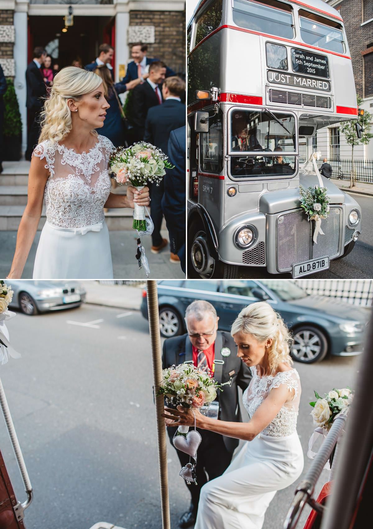 London Wedding Photography - Bride in the bus - Just Married
